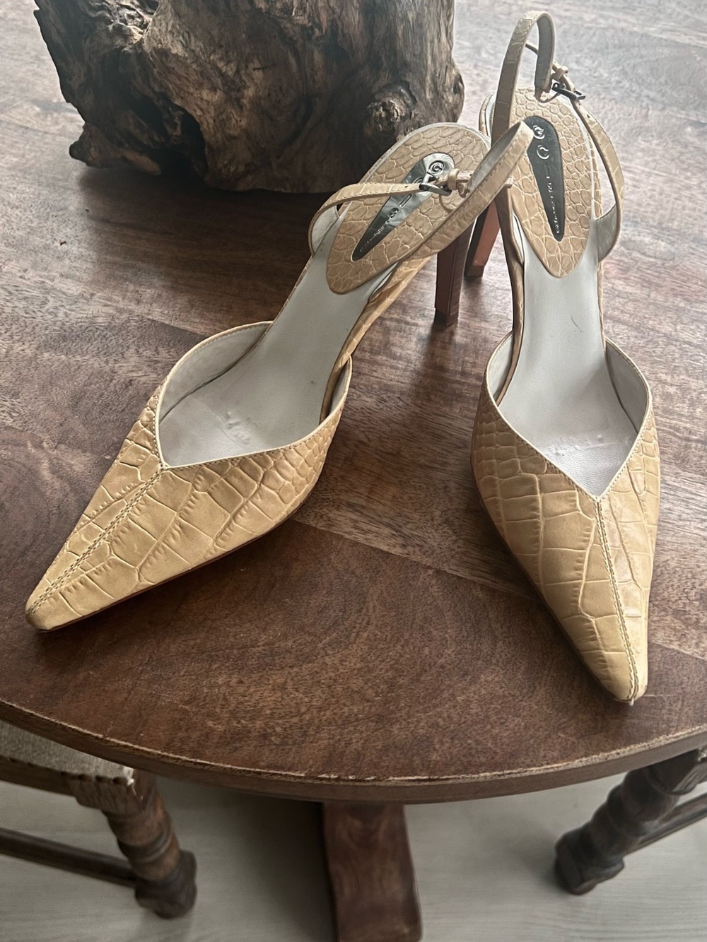 Croc-Embossed Beige Pointed Toe Slingback Heels